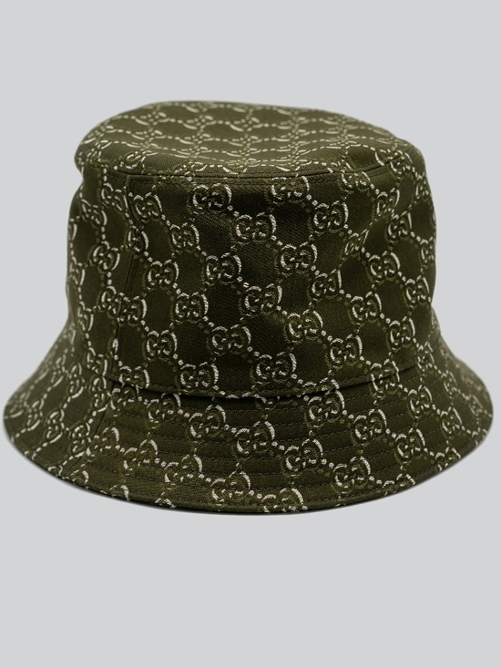 Size M 58cm Gucci Olive Green White GG Cotton Bucket Hat